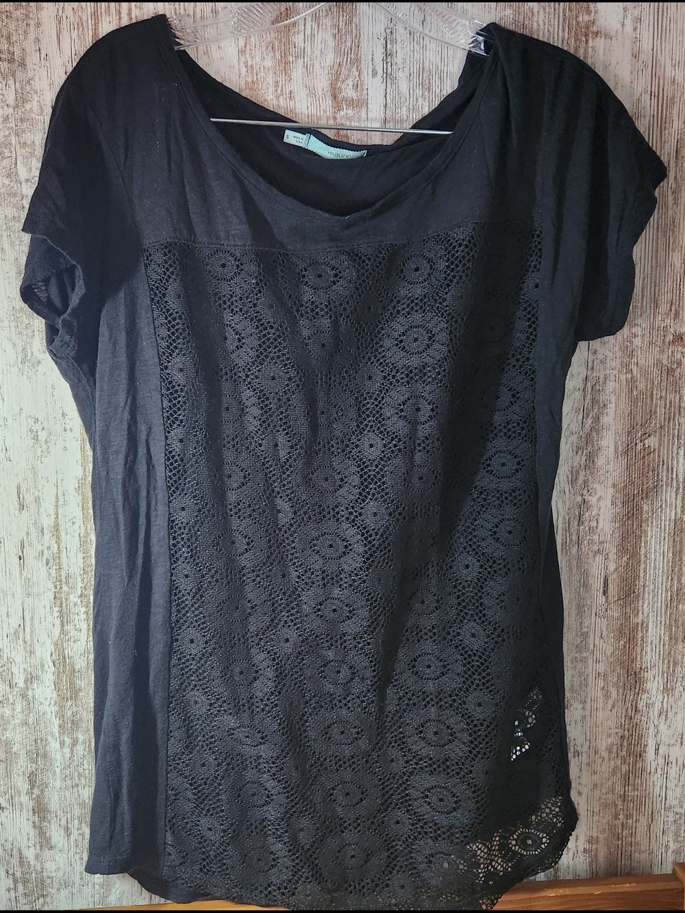 Maurices Dark Charcoal Gray Black Crochet-Front Short Sleeve Top
